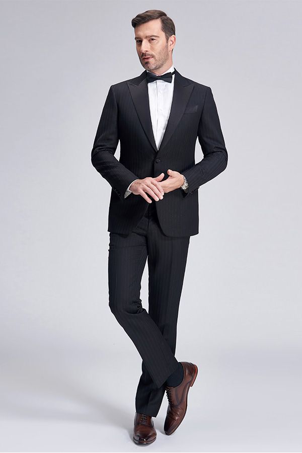 Ballbella made this Unique Silk Peak Lapel Black Mens Suits for Wedding, One Button Stripes Wedding Tuxedo with rush order service. Discover the design of this Black Stripe Single Breasted Peaked Lapel mens suits cheap for prom, wedding or formal business occasion.