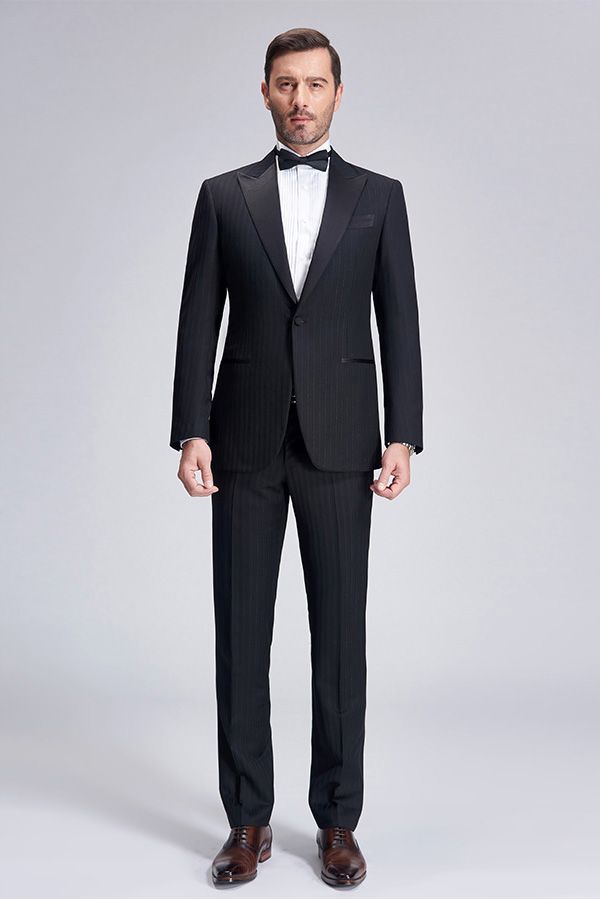 Ballbella made this Unique Silk Peak Lapel Black Mens Suits for Wedding, One Button Stripes Wedding Tuxedo with rush order service. Discover the design of this Black Stripe Single Breasted Peaked Lapel mens suits cheap for prom, wedding or formal business occasion.