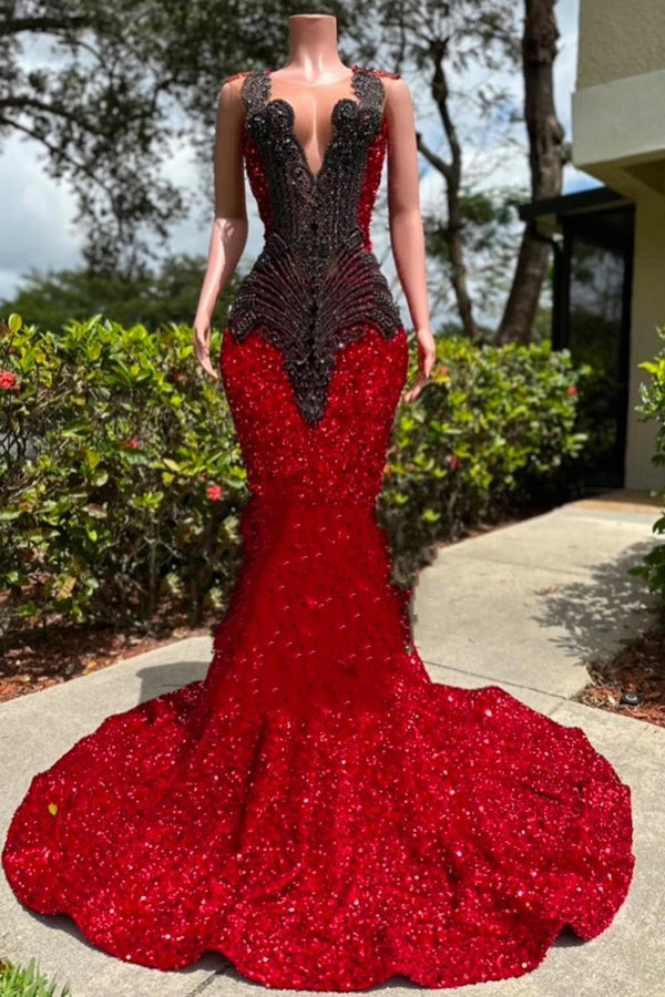 V-neck Burgundy Sequin Prom Dresses with Dark Sequins-Ballbella