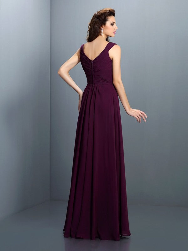 V-Neck Elegant Beading Pleats Sleeveless Long Chiffon Bridesmaid Dress –  Ballbella