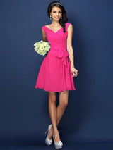 V-Neck Elegant Pleats Bowknot Sleeveless Short Chiffon Bridesmaid Dresses-Ballbella