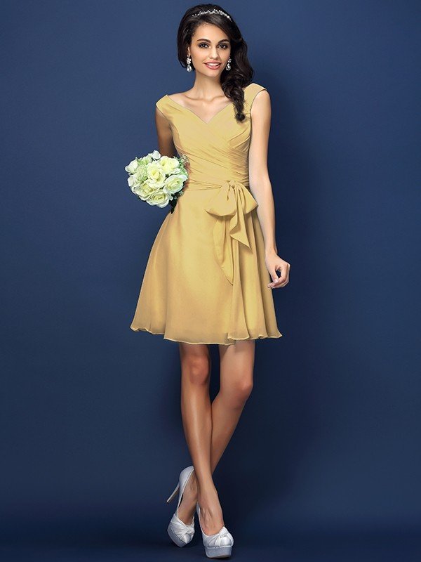 V-Neck Elegant Pleats Bowknot Sleeveless Short Chiffon Bridesmaid Dresses-Ballbella