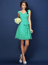 V-Neck Elegant Pleats Bowknot Sleeveless Short Chiffon Bridesmaid Dresses-Ballbella