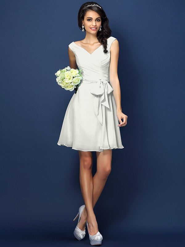 V-Neck Elegant Pleats Bowknot Sleeveless Short Chiffon Bridesmaid Dresses-Ballbella