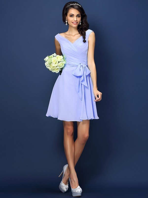 V-Neck Elegant Pleats Bowknot Sleeveless Short Chiffon Bridesmaid Dresses-Ballbella