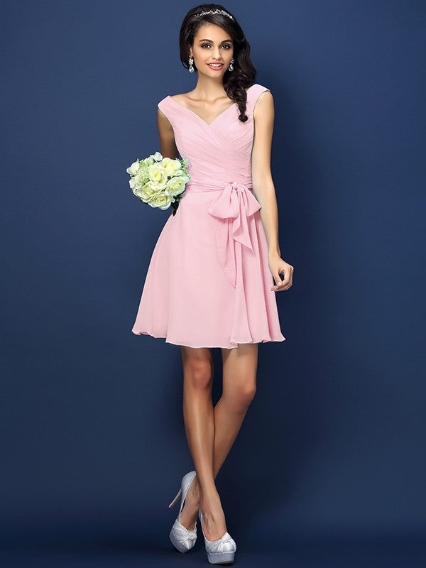 V-Neck Elegant Pleats Bowknot Sleeveless Short Chiffon Bridesmaid Dresses-Ballbella