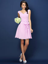 V-Neck Elegant Pleats Bowknot Sleeveless Short Chiffon Bridesmaid Dresses-Ballbella