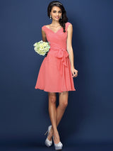 V-Neck Elegant Pleats Bowknot Sleeveless Short Chiffon Bridesmaid Dresses-Ballbella