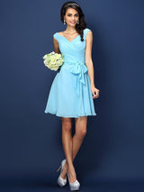 V-Neck Elegant Pleats Bowknot Sleeveless Short Chiffon Bridesmaid Dresses-Ballbella