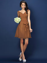 V-Neck Elegant Pleats Bowknot Sleeveless Short Chiffon Bridesmaid Dresses-Ballbella