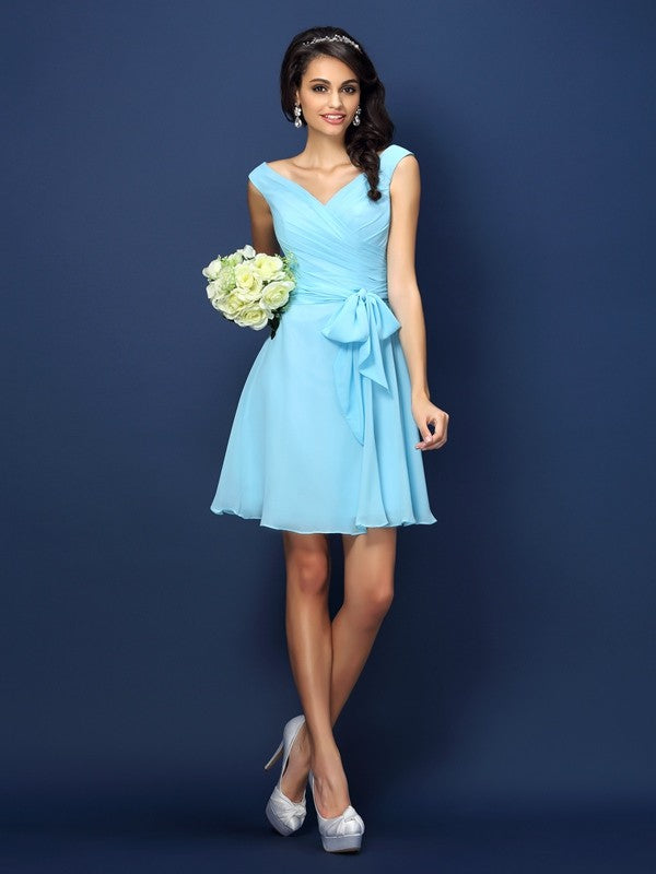 V-Neck Elegant Pleats Bowknot Sleeveless Short Chiffon Bridesmaid Dresses-Ballbella