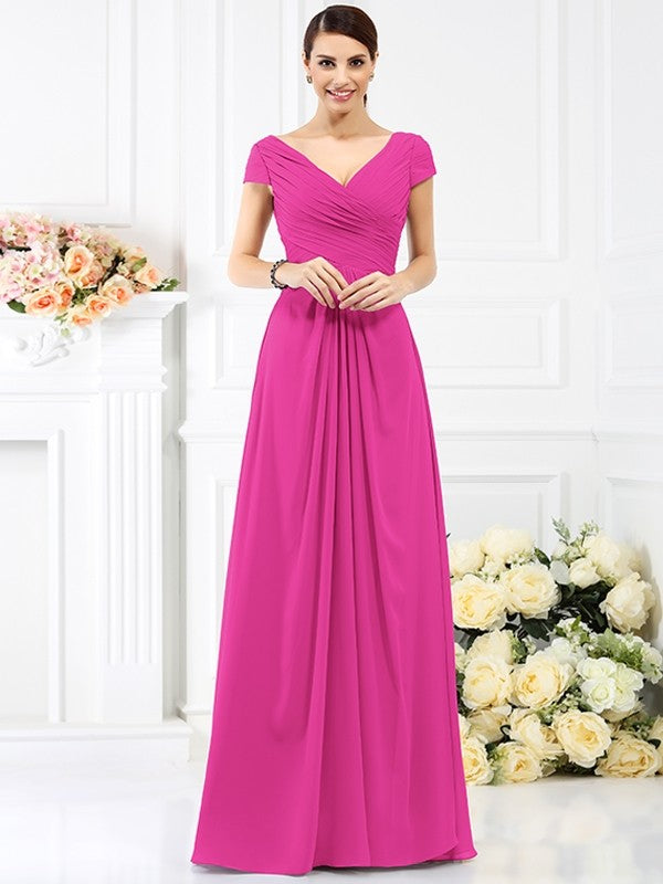 A-Line Charming V-neck Pleats Short Sleeves Long Chiffon Bridesmaid Dresses