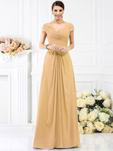 A-Line Charming V-neck Pleats Short Sleeves Long Chiffon Bridesmaid Dresses