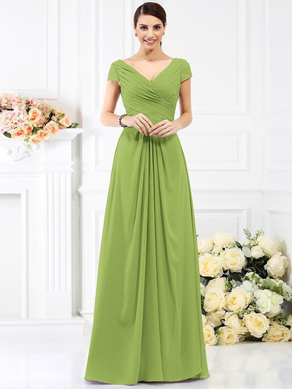 A-Line Charming V-neck Pleats Short Sleeves Long Chiffon Bridesmaid Dresses