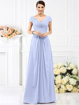 A-Line Charming V-neck Pleats Short Sleeves Long Chiffon Bridesmaid Dresses