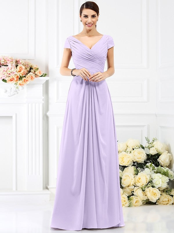 A-Line Charming V-neck Pleats Short Sleeves Long Chiffon Bridesmaid Dresses