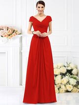 A-Line Charming V-neck Pleats Short Sleeves Long Chiffon Bridesmaid Dresses