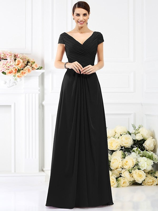 A-Line Charming V-neck Pleats Short Sleeves Long Chiffon Bridesmaid Dresses