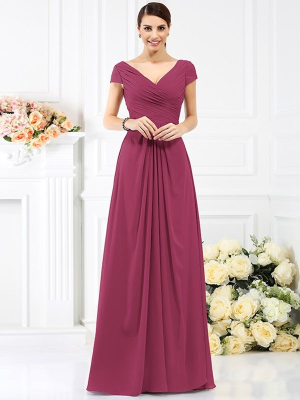 A-Line Charming V-neck Pleats Short Sleeves Long Chiffon Bridesmaid Dresses