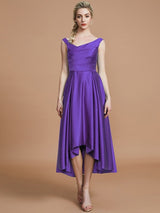 V-Neck Elegant Satin Asymmetrical Sleeveless Bridesmaid Dresses-Ballbella