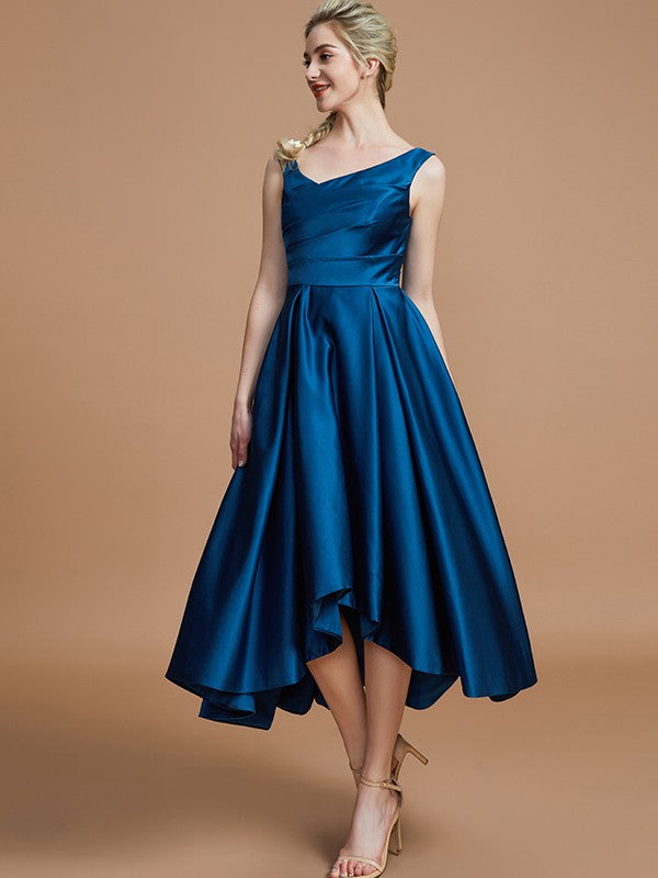 V-Neck Elegant Satin Asymmetrical Sleeveless Bridesmaid Dresses-Ballbella