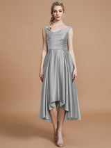 V-Neck Elegant Satin Asymmetrical Sleeveless Bridesmaid Dresses-Ballbella