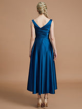 V-Neck Elegant Satin Asymmetrical Sleeveless Bridesmaid Dresses-Ballbella