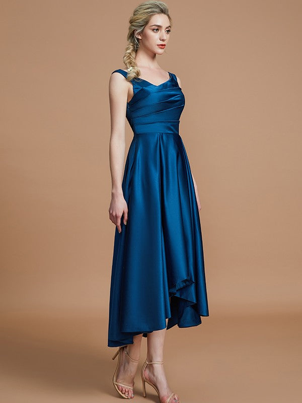 V-Neck Elegant Satin Asymmetrical Sleeveless Bridesmaid Dresses-Ballbella