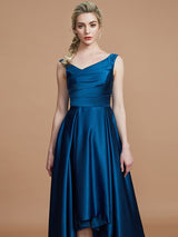 V-Neck Elegant Satin Asymmetrical Sleeveless Bridesmaid Dresses-Ballbella