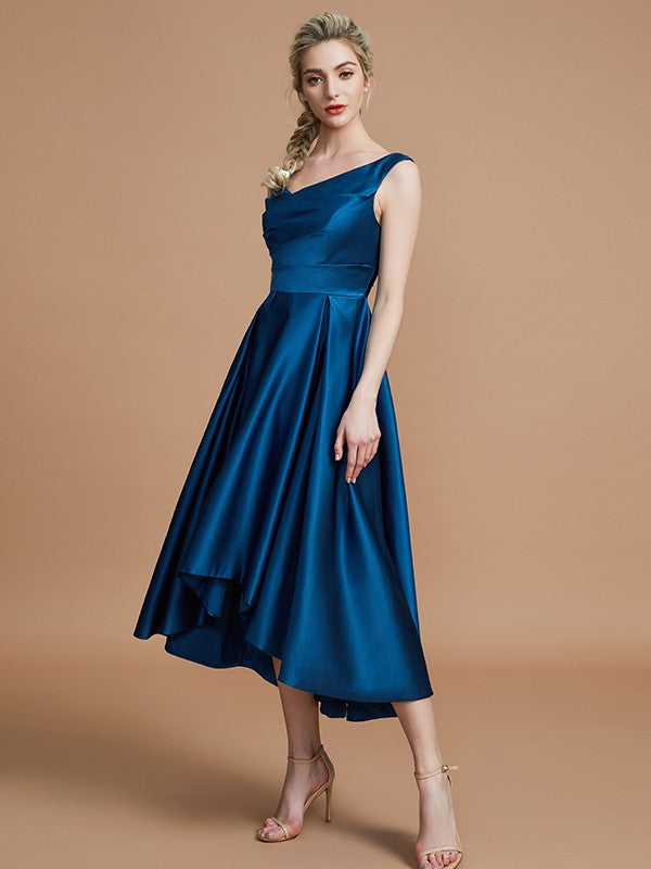 V-Neck Elegant Satin Asymmetrical Sleeveless Bridesmaid Dresses-Ballbella