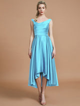 V-Neck Elegant Satin Asymmetrical Sleeveless Bridesmaid Dresses-Ballbella