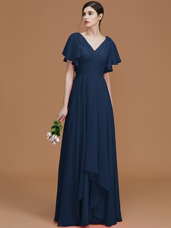 A-Line Charming V-neck Short Sleeves Ruched Chiffon Bridesmaid Dresses