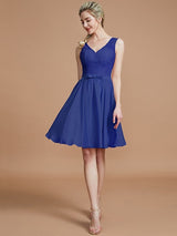 V-Neck Elegant Sleeveless Lace Short/Mini Chiffon Bridesmaid Dresses-Ballbella