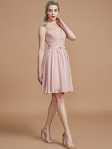 V-Neck Elegant Sleeveless Lace Short/Mini Chiffon Bridesmaid Dresses-Ballbella