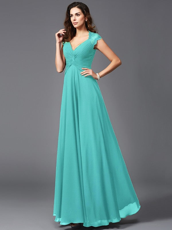 A-Line Charming V-neck Sleeveless Long Chiffon Bridesmaid dresses