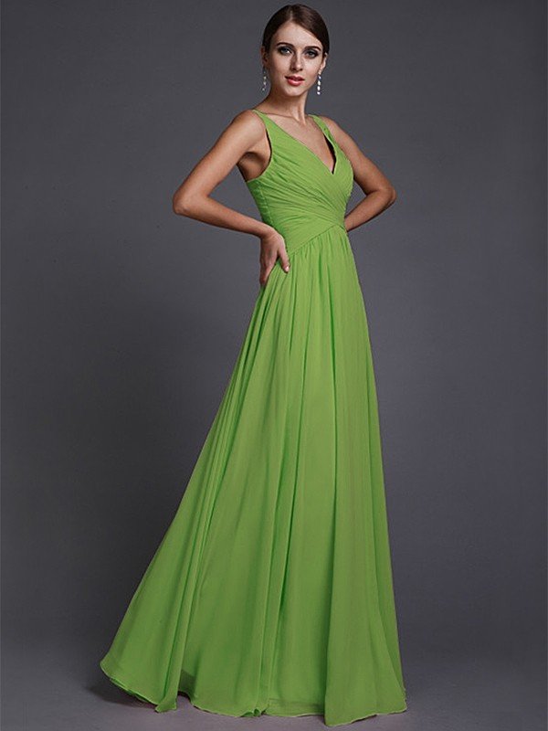 V-Neck Elegant Sleeveless Long Ruffles Chiffon Bridesmaid Dresses-Ballbella