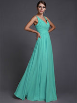 V-Neck Elegant Sleeveless Long Ruffles Chiffon Bridesmaid Dresses-Ballbella