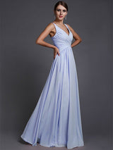 V-Neck Elegant Sleeveless Long Ruffles Chiffon Bridesmaid Dresses-Ballbella