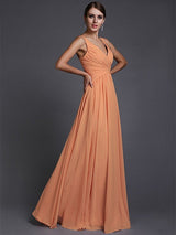 V-Neck Elegant Sleeveless Long Ruffles Chiffon Bridesmaid Dresses-Ballbella