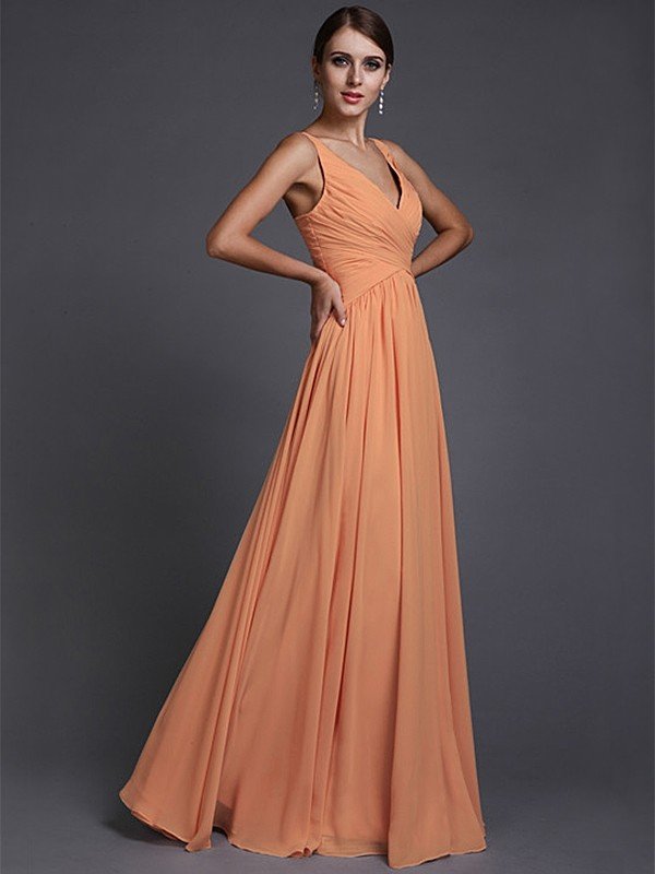 V-Neck Elegant Sleeveless Long Ruffles Chiffon Bridesmaid Dresses-Ballbella