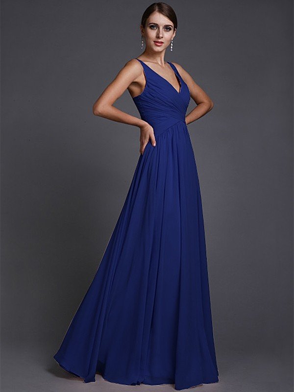 V-Neck Elegant Sleeveless Long Ruffles Chiffon Bridesmaid Dresses-Ballbella