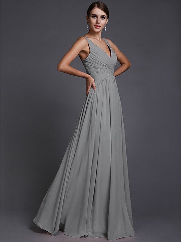 V-Neck Elegant Sleeveless Long Ruffles Chiffon Bridesmaid Dresses-Ballbella