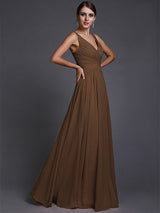 V-Neck Elegant Sleeveless Long Ruffles Chiffon Bridesmaid Dresses-Ballbella