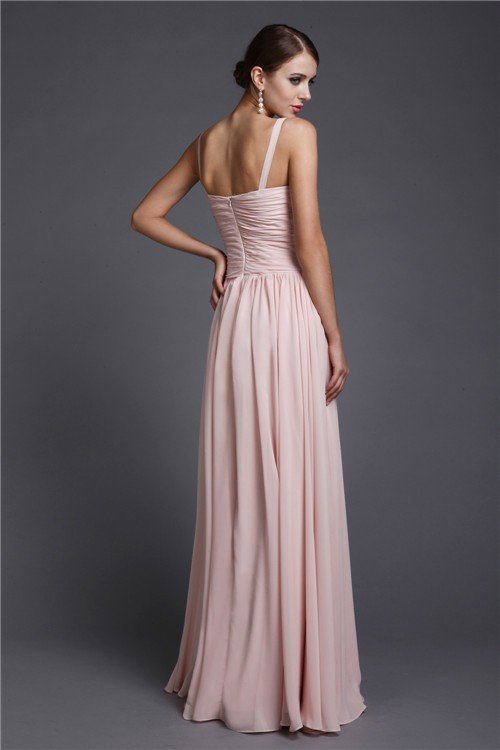 V-Neck Elegant Sleeveless Long Ruffles Chiffon Bridesmaid Dresses-Ballbella