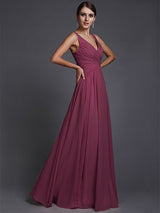 V-Neck Elegant Sleeveless Long Ruffles Chiffon Bridesmaid Dresses-Ballbella