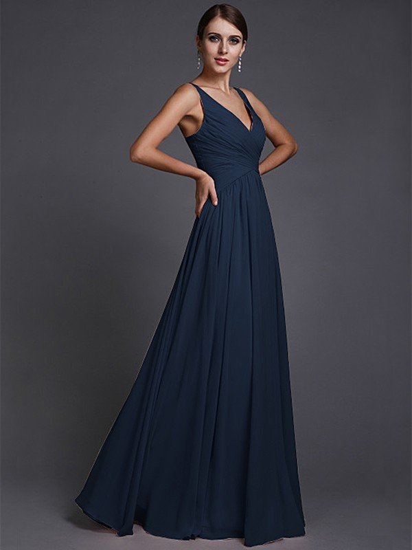 V-Neck Elegant Sleeveless Long Ruffles Chiffon Bridesmaid Dresses-Ballbella