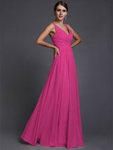 V-Neck Elegant Sleeveless Long Ruffles Chiffon Bridesmaid Dresses-Ballbella