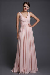 V-Neck Elegant Sleeveless Long Ruffles Chiffon Bridesmaid Dresses-Ballbella