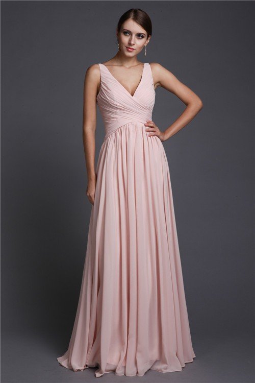 V-Neck Elegant Sleeveless Long Ruffles Chiffon Bridesmaid Dresses-Ballbella