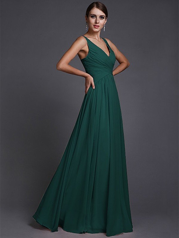 A-Line Charming V-neck Sleeveless Long Ruffles Chiffon Bridesmaid Dresses